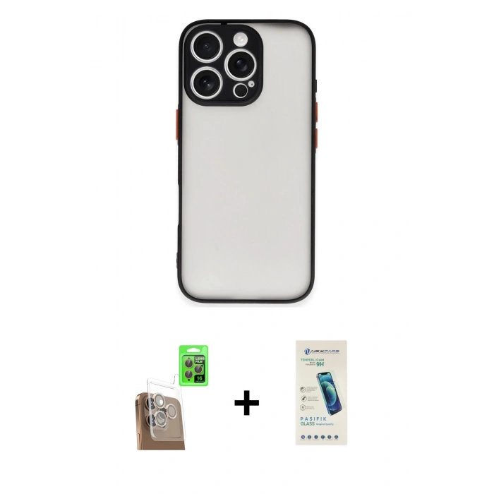 MARSİLYAN™- iPhone 16 Pro Max Kılıf Ahenk Çizgi Serisi - Şeffaf Pasifik Cam Ekran Koruyucu + Raze Metal Kamera Lens - CLTM