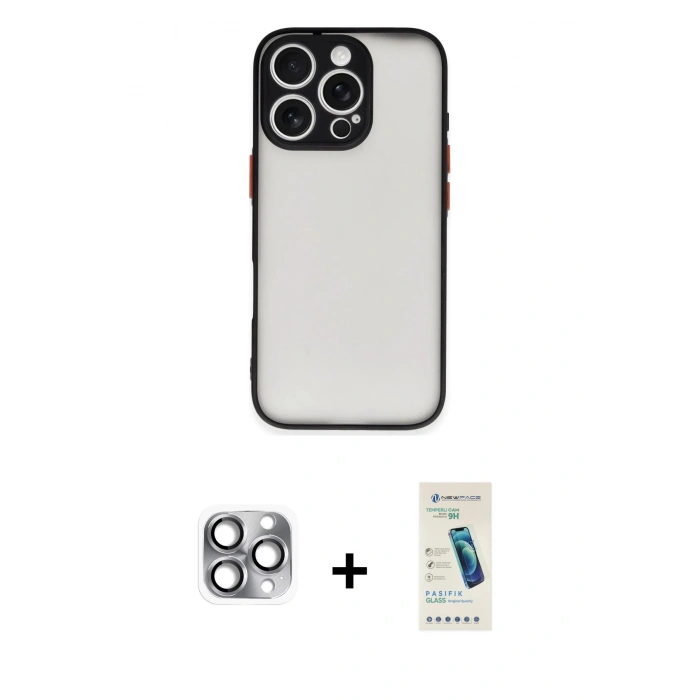 MARSİLYAN™- iPhone 16 Pro Max Kılıf Ahenk Çizgi Serisi - Şeffaf Pasifik Cam Ekran Koruyucu + Gri Pers Alüminyum Kamera Lens