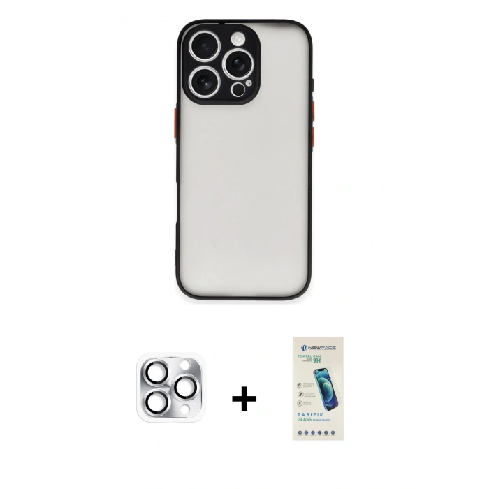 MARSİLYAN™- iPhone 16 Pro Max Kılıf Ahenk Çizgi Serisi - Şeffaf Pasifik Cam Ekran Koruyucu + Gümüş Pers Alüminyum Kamera Lens