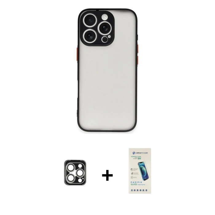 MARSİLYAN™- iPhone 16 Pro Max Kılıf Ahenk Çizgi Serisi - Şeffaf Pasifik Cam Ekran Koruyucu + PVD Metal Kamera Lens - GS