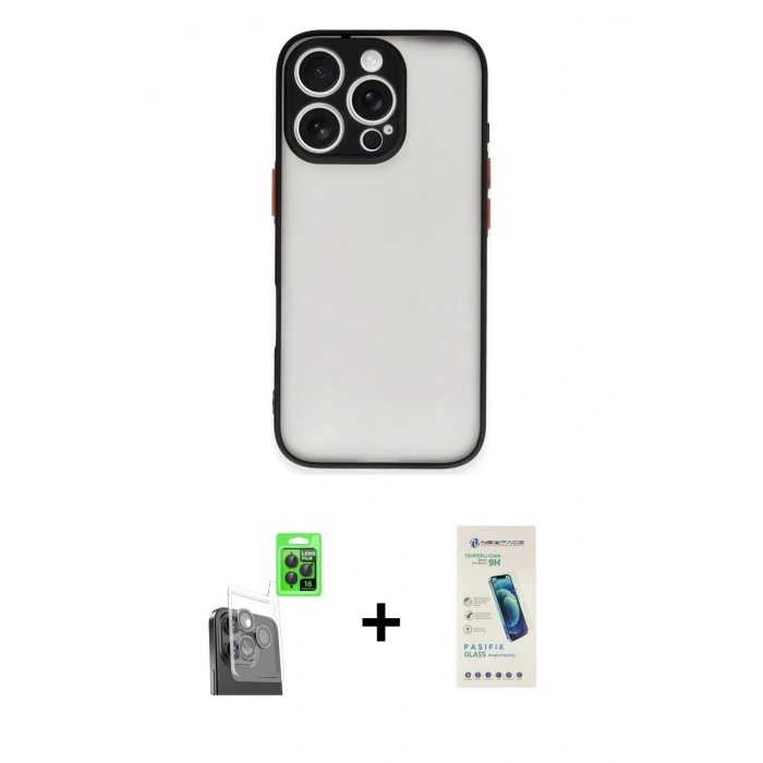 MARSİLYAN™- iPhone 16 Pro Max Kılıf Ahenk Çizgi Serisi - Şeffaf Pasifik Cam Ekran Koruyucu + Raze Metal Kamera Lens - SH
