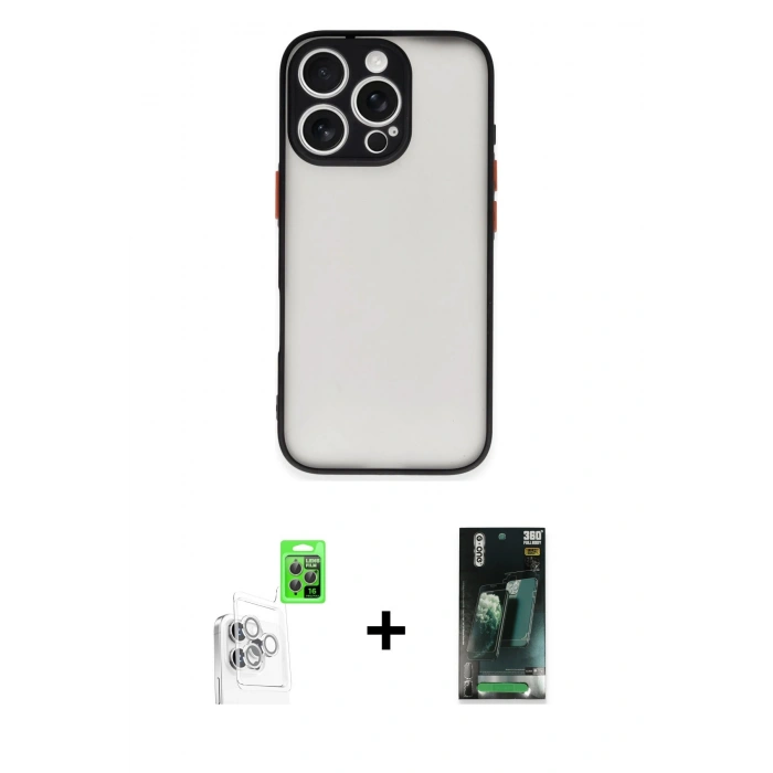 MARSİLYAN™- iPhone 16 Pro Max Kılıf Ahenk Çizgi Serisi - Siyah 360 Mat Full Body Arka Koruyucu + Raze Metal Kamera Lens - BZ
