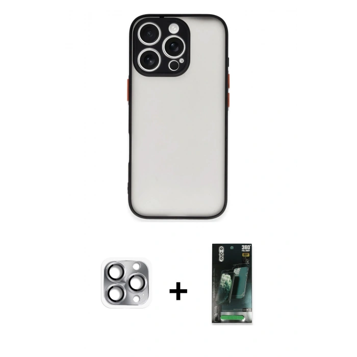 MARSİLYAN™- iPhone 16 Pro Max Kılıf Ahenk Çizgi Serisi - Siyah 360 Mat Full Body Arka Koruyucu + Pers Alüminyum Kamera Lens - GI