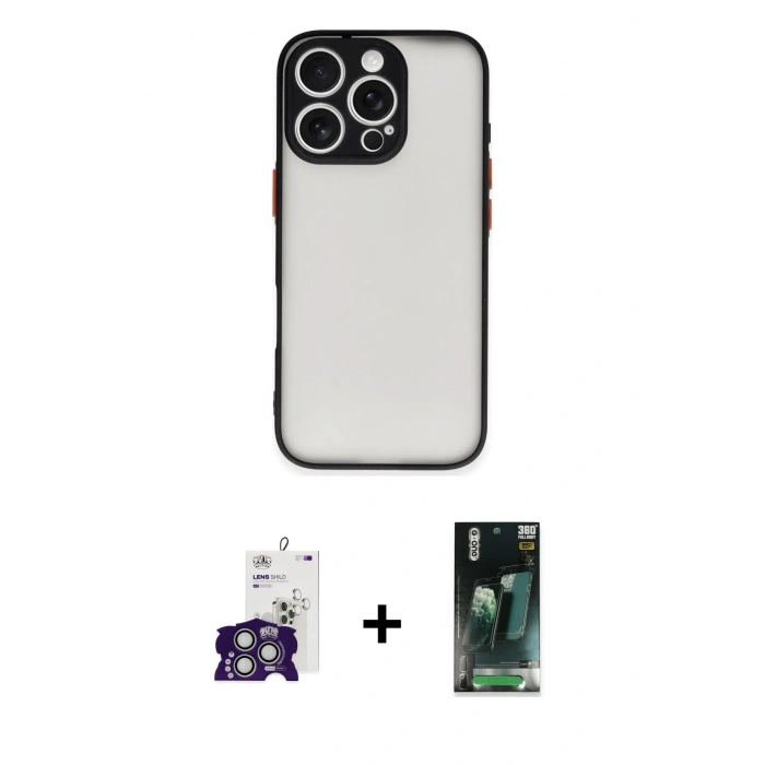 MARSİLYAN™- iPhone 16 Pro Max Kılıf Ahenk Çizgi Serisi - Siyah 360 Mat Full Body Arka Koruyucu + Bilvis Titan Kamera Lens - GS