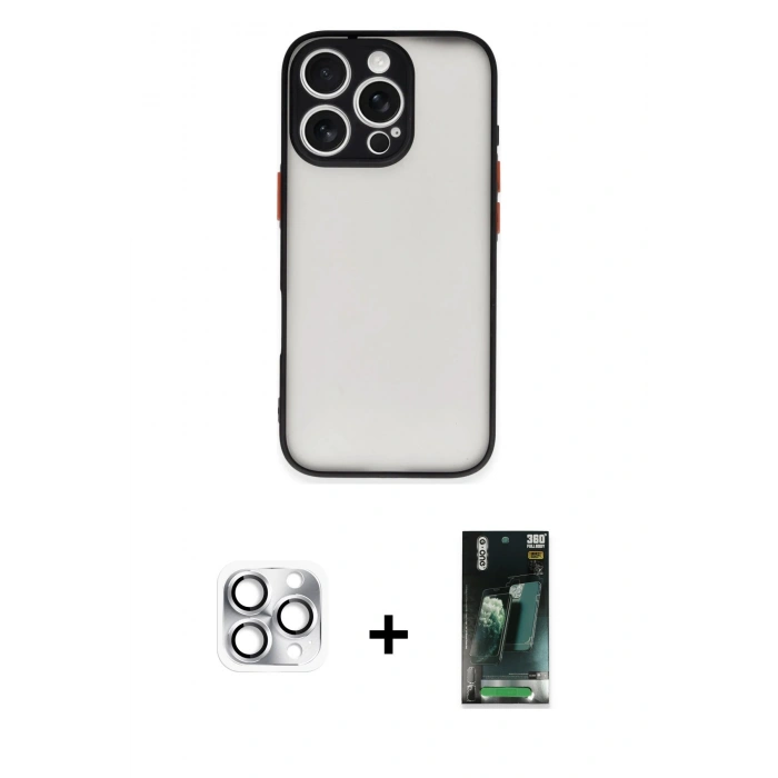 MARSİLYAN™- iPhone 16 Pro Max Kılıf Ahenk Çizgi Serisi - Siyah 360 Mat Full Body Arka Koruyucu + Pers Alüminyum Kamera Lens - GS