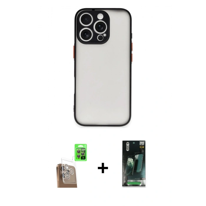 MARSİLYAN™- iPhone 16 Pro Max Kılıf Ahenk Çizgi Serisi - Siyah 360 Mat Full Body Arka Koruyucu + Raze Metal Kamera Lens - CLTM