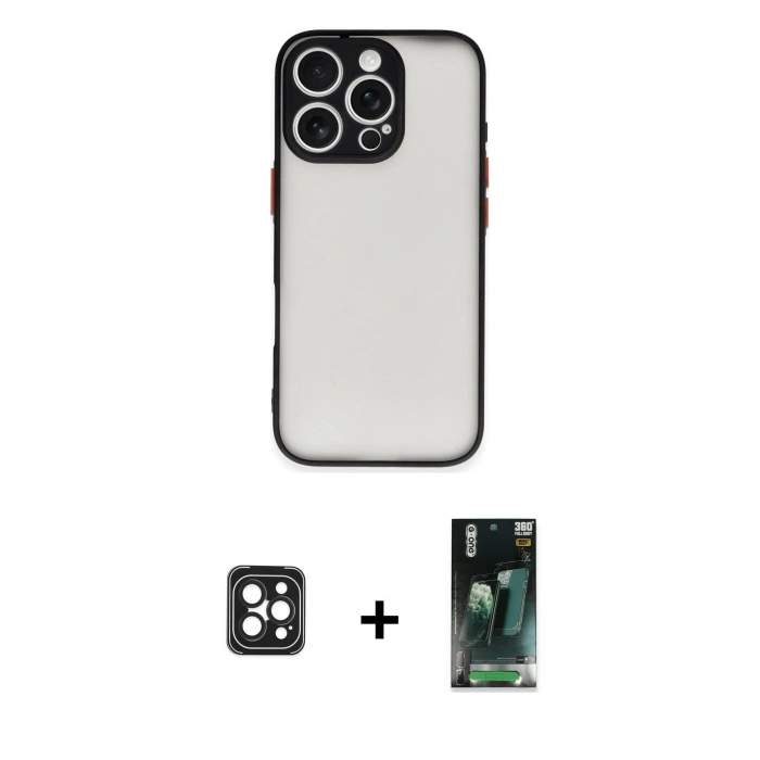 MARSİLYAN™- iPhone 16 Pro Max Kılıf Ahenk Çizgi Serisi - Siyah 360 Mat Full Body Arka Koruyucu + PVD Metal Kamera Lens - SH