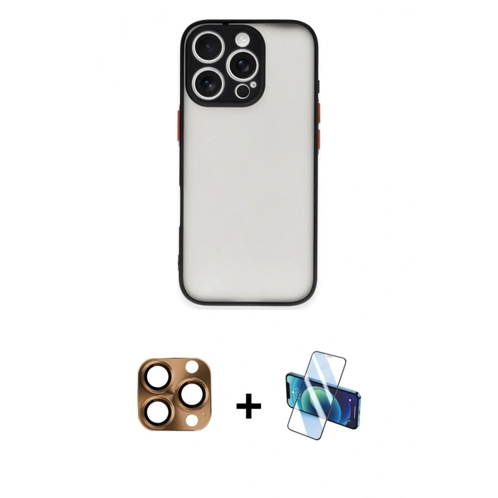 MARSİLYAN™- iPhone 16 Pro Max Kılıf Ahenk Çizgi Serisi - Siyah 3D Antistatik Cam Ekran Koruyucu + Pers Alüminyum Kamera Lens - CLTM