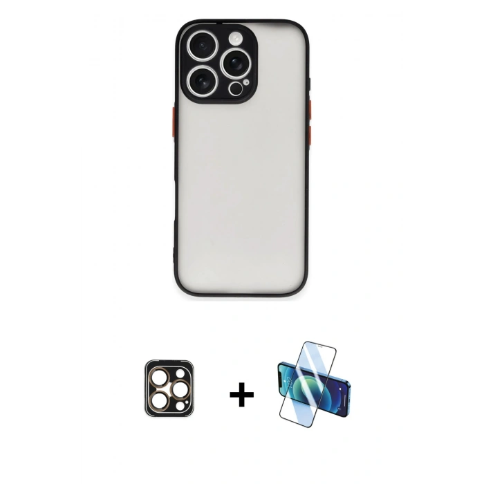 MARSİLYAN™- iPhone 16 Pro Max Kılıf Ahenk Çizgi Serisi - Siyah 3D Antistatik Cam Ekran Koruyucu + PVD Metal Kamera Lens - GD