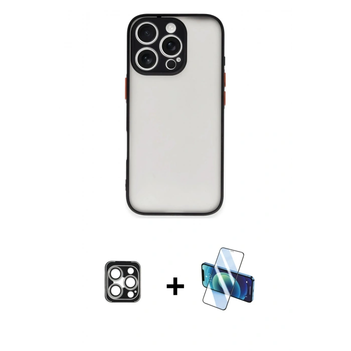 MARSİLYAN™- iPhone 16 Pro Max Kılıf Ahenk Çizgi Serisi - Siyah 3D Antistatik Cam Ekran Koruyucu + PVD Metal Kamera Lens - GS