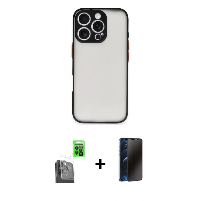 MARSİLYAN™- iPhone 16 Pro Max Kılıf Ahenk Çizgi Serisi - Siyah 3D Antistatik Hayalet Cam Ekran Koruyucu + Raze Metal Kamera Lens - SH