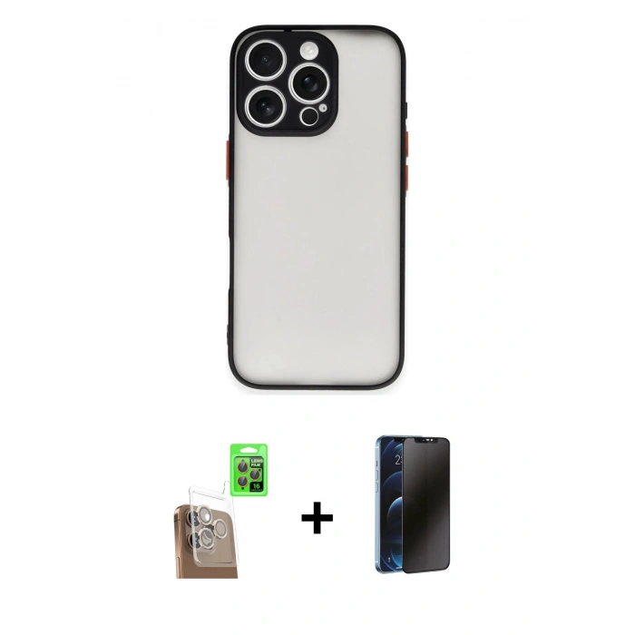 MARSİLYAN™- iPhone 16 Pro Max Kılıf Ahenk Çizgi Serisi - Siyah 3D Antistatik Hayalet Cam Ekran Koruyucu + Raze Metal Kamera Lens - CLTM