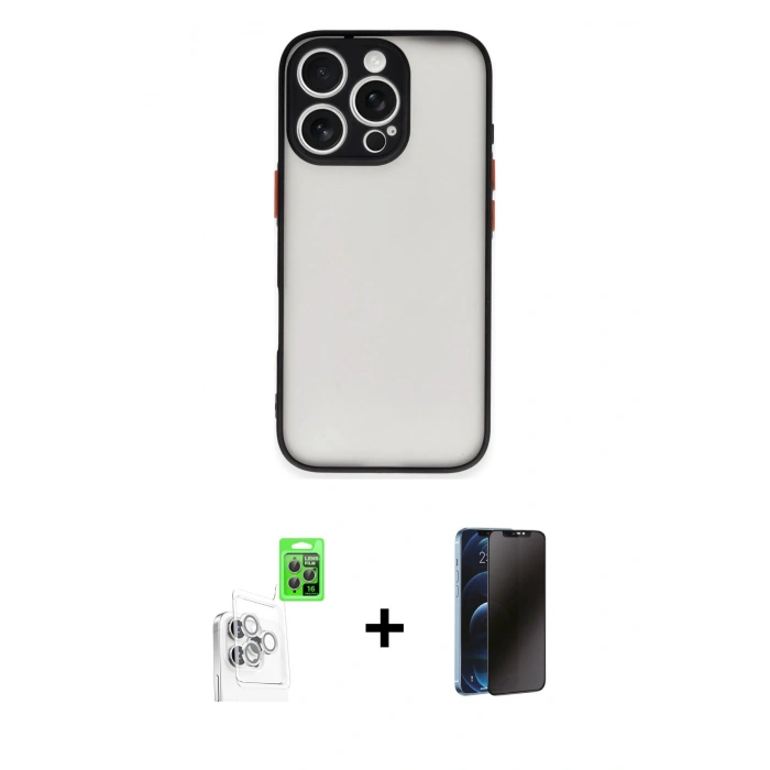 MARSİLYAN™- iPhone 16 Pro Max Kılıf Ahenk Çizgi Serisi - Siyah 3D Antistatik Hayalet Cam Ekran Koruyucu + Raze Metal Kamera Lens - BZ