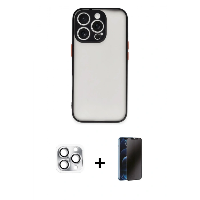MARSİLYAN™- iPhone 16 Pro Max Kılıf Ahenk Çizgi Serisi - Siyah 3D Antistatik Hayalet Cam Ekran Koruyucu + Pers Alüminyum Kamera Lens - GS