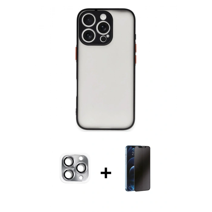 MARSİLYAN™- iPhone 16 Pro Max Kılıf Ahenk Çizgi Serisi - Siyah 3D Antistatik Hayalet Cam Ekran Koruyucu + Pers Alüminyum Kamera Lens - GI