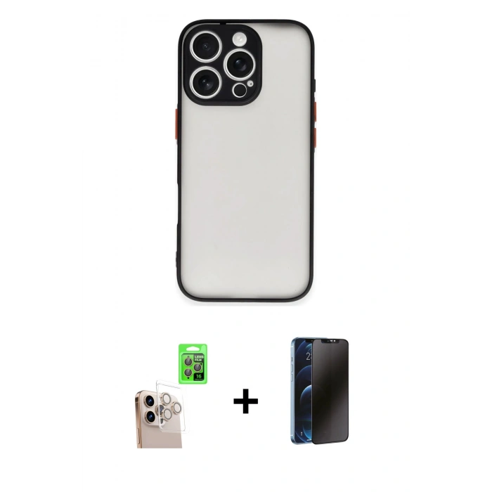 MARSİLYAN™- iPhone 16 Pro Max Kılıf Ahenk Çizgi Serisi - Siyah 3D Antistatik Hayalet Cam Ekran Koruyucu + Raze Metal Kamera Lens - NLGY