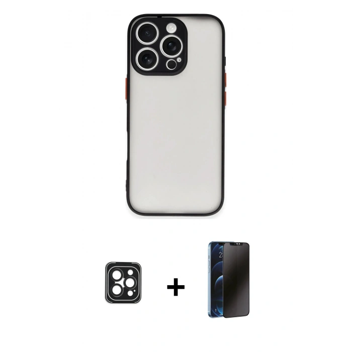 MARSİLYAN™- iPhone 16 Pro Max Kılıf Ahenk Çizgi Serisi - Siyah 3D Antistatik Hayalet Cam Ekran Koruyucu + PVD Metal Kamera Lens - SH