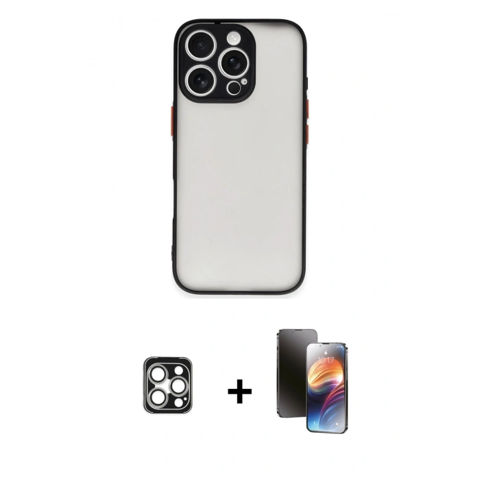 MARSİLYAN™- iPhone 16 Pro Max Kılıf Ahenk Çizgi Serisi - Siyah 3D Antistatik Mat Seramik Nano Ekran Koruyucu + PVD Metal Kamera Lens - GS