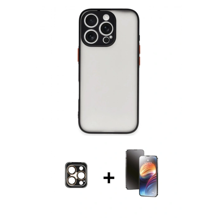 MARSİLYAN™- iPhone 16 Pro Max Kılıf Ahenk Çizgi Serisi - Siyah 3D Antistatik Mat Seramik Nano Ekran Koruyucu + PVD Metal Kamera Lens - GD