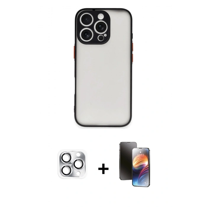 MARSİLYAN™- iPhone 16 Pro Max Kılıf Ahenk Çizgi Serisi - Siyah 3D Antistatik Mat Seramik Nano Ekran Koruyucu + Pers Alüminyum Kamera Lens - GS