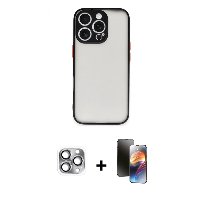MARSİLYAN™- iPhone 16 Pro Max Kılıf Ahenk Çizgi Serisi - Siyah 3D Antistatik Mat Seramik Nano Ekran Koruyucu + Pers Alüminyum Kamera Lens - GI