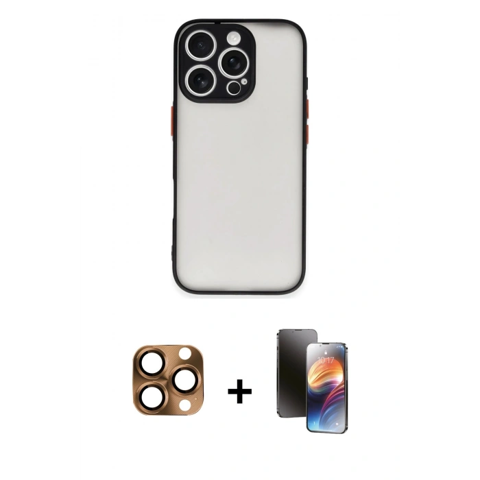 MARSİLYAN™- iPhone 16 Pro Max Kılıf Ahenk Çizgi Serisi - Siyah 3D Antistatik Mat Seramik Nano Ekran Koruyucu + Pers Alüminyum Kamera Lens - CLTM