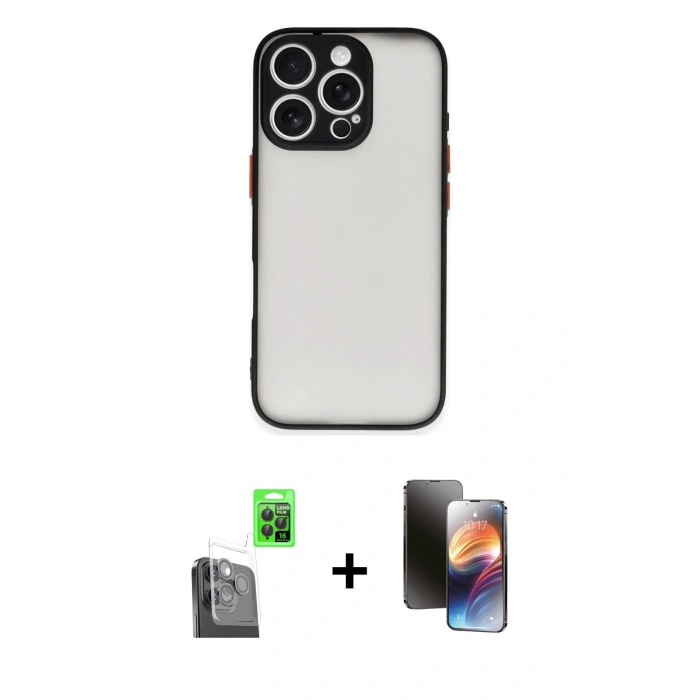 MARSİLYAN™- iPhone 16 Pro Max Kılıf Ahenk Çizgi Serisi - Siyah 3D Antistatik Mat Seramik Nano Ekran Koruyucu + Raze Metal Kamera Lens - SH