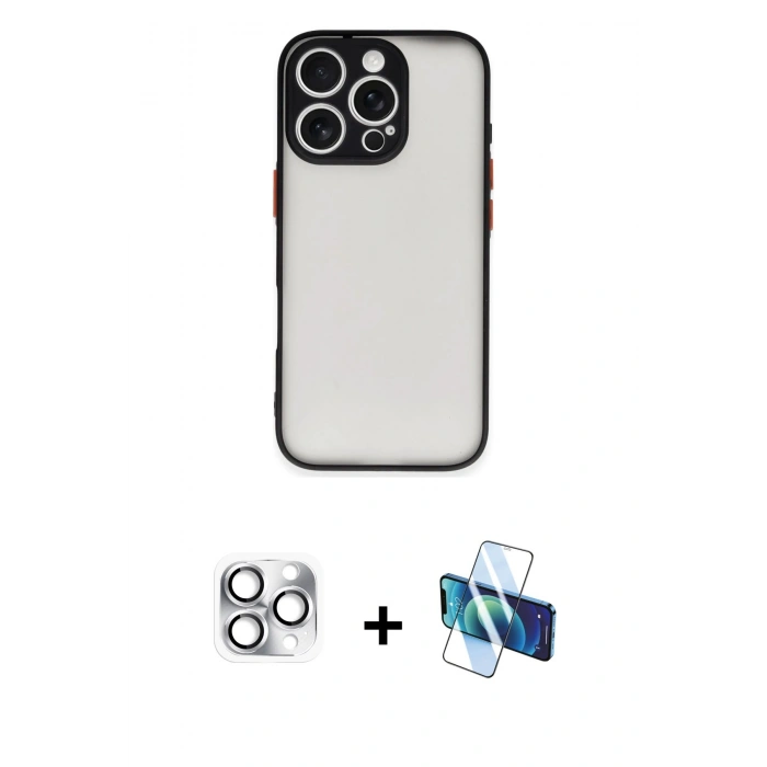 MARSİLYAN™- iPhone 16 Pro Max Kılıf Ahenk Çizgi Serisi - Siyah 3D Antistatik Seramik Nano Ekran Koruyucu + Pers Alüminyum Kamera Lens - GS
