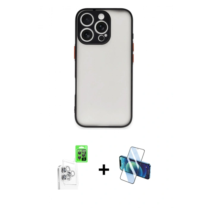 MARSİLYAN™- iPhone 16 Pro Max Kılıf Ahenk Çizgi Serisi - Siyah 3D Antistatik Seramik Nano Ekran Koruyucu + Raze Metal Kamera Lens - BZ