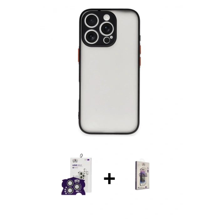 MARSİLYAN™- iPhone 16 Pro Max Kılıf Ahenk Çizgi Serisi - Siyah Bilvis 3D Cam Ekran Koruyucu + Bilvis Titan Kamera Lens - GS