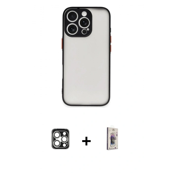 MARSİLYAN™- iPhone 16 Pro Max Kılıf Ahenk Çizgi Serisi - Siyah Bilvis 3D Cam Ekran Koruyucu + PVD Metal Kamera Lens - GS