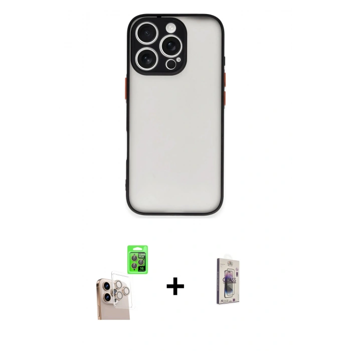 MARSİLYAN™- iPhone 16 Pro Max Kılıf Ahenk Çizgi Serisi - Siyah Bilvis 3D Cam Ekran Koruyucu + Raze Metal Kamera Lens - NLGY