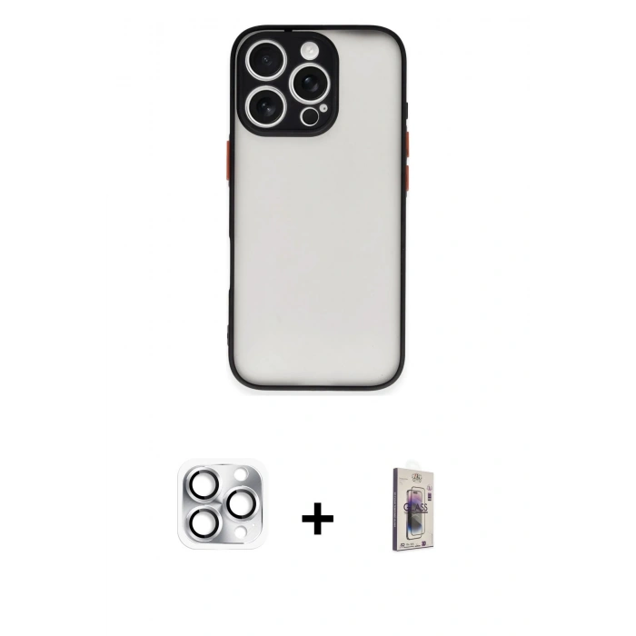 MARSİLYAN™- iPhone 16 Pro Max Kılıf Ahenk Çizgi Serisi - Siyah Bilvis 3D Cam Ekran Koruyucu + Pers Alüminyum Kamera Lens - GS