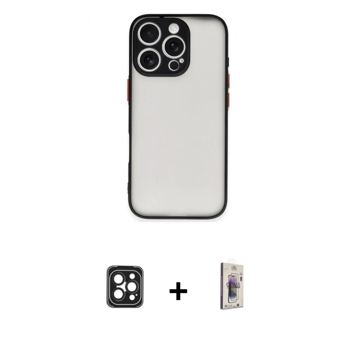 MARSİLYAN™- iPhone 16 Pro Max Kılıf Ahenk Çizgi Serisi - Siyah Bilvis 3D Cam Ekran Koruyucu + PVD Metal Kamera Lens - SH
