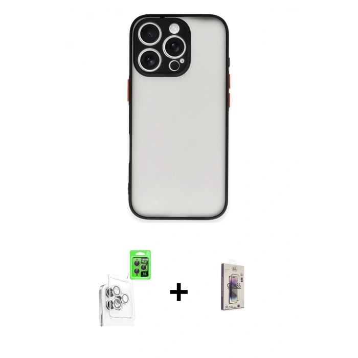 MARSİLYAN™- iPhone 16 Pro Max Kılıf Ahenk Çizgi Serisi - Siyah Bilvis 3D Cam Ekran Koruyucu + Raze Metal Kamera Lens - BZ