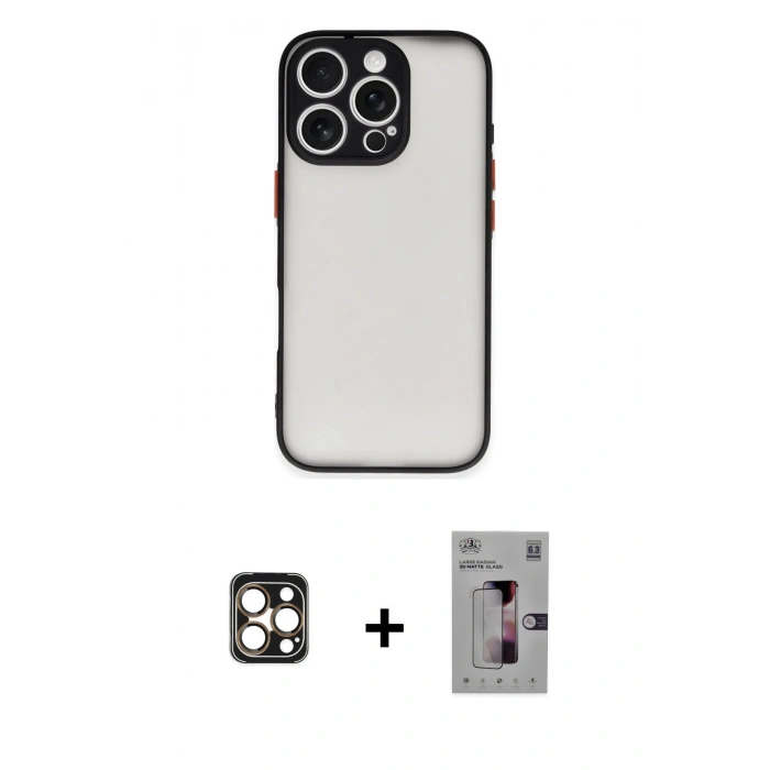MARSİLYAN™- iPhone 16 Pro Max Kılıf Ahenk Çizgi Serisi - Siyah Bilvis 3D Mat Cam Ekran Koruyucu + PVD Metal Kamera Lens - GD