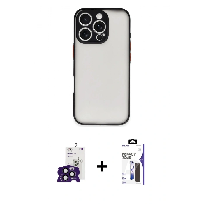 MARSİLYAN™- iPhone 16 Pro Max Kılıf Ahenk Çizgi Serisi - Siyah Bilvis 3X AR Hayalet Cam Ekran Koruyucu + Bilvis Titan Kamera Lens - SH