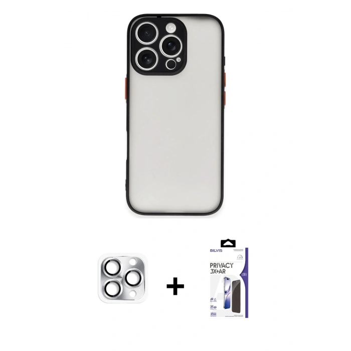 MARSİLYAN™- iPhone 16 Pro Max Kılıf Ahenk Çizgi Serisi - Siyah Bilvis 3X AR Hayalet Cam Ekran Koruyucu + Pers Alüminyum Kamera Lens - GS