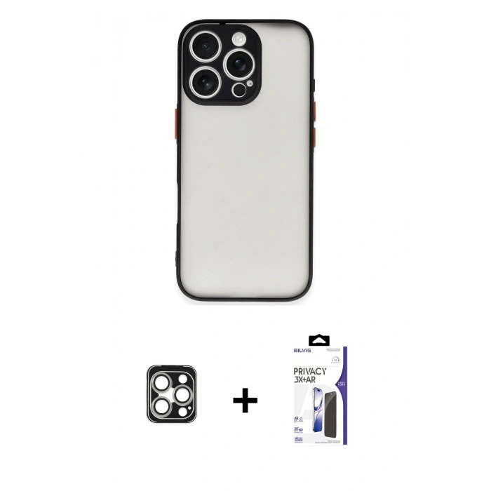 MARSİLYAN™- iPhone 16 Pro Max Kılıf Ahenk Çizgi Serisi - Siyah Bilvis 3X AR Hayalet Cam Ekran Koruyucu + PVD Metal Kamera Lens - GS