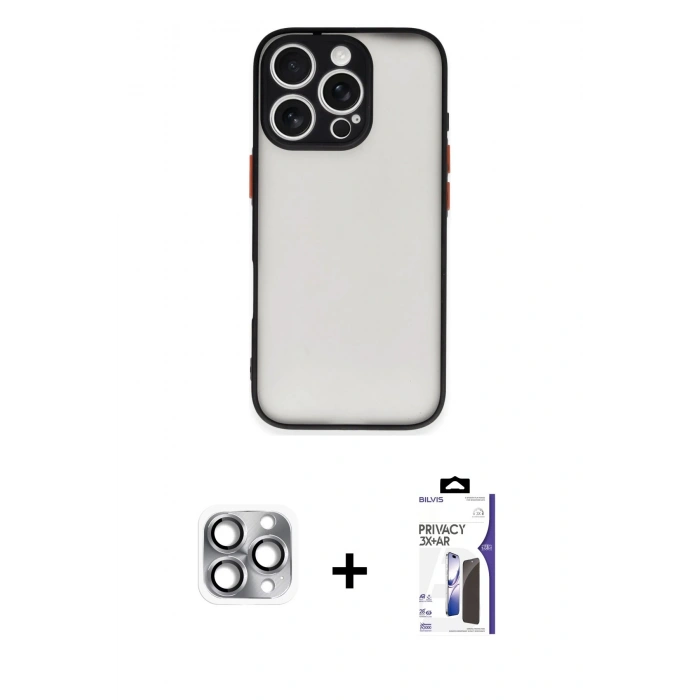 MARSİLYAN™- iPhone 16 Pro Max Kılıf Ahenk Çizgi Serisi - Siyah Bilvis 3X AR Hayalet Cam Ekran Koruyucu + Pers Alüminyum Kamera Lens - GI