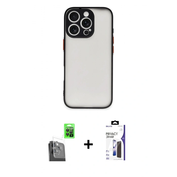 MARSİLYAN™- iPhone 16 Pro Max Kılıf Ahenk Çizgi Serisi - Siyah Bilvis 3X AR Hayalet Cam Ekran Koruyucu + Raze Metal Kamera Lens - SH