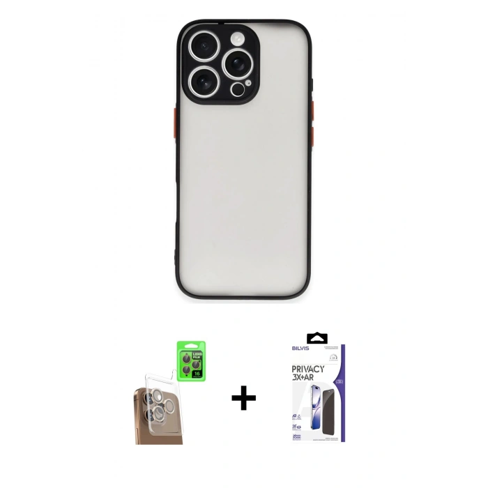 MARSİLYAN™- iPhone 16 Pro Max Kılıf Ahenk Çizgi Serisi - Siyah Bilvis 3X AR Hayalet Cam Ekran Koruyucu + Raze Metal Kamera Lens - CLTM