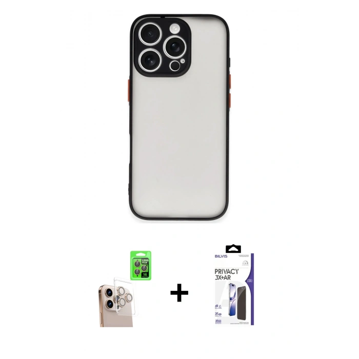 MARSİLYAN™- iPhone 16 Pro Max Kılıf Ahenk Çizgi Serisi - Siyah Bilvis 3X AR Hayalet Cam Ekran Koruyucu + Raze Metal Kamera Lens - NLGY