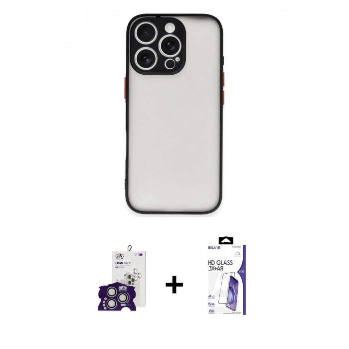 MARSİLYAN™- iPhone 16 Pro Max Kılıf Ahenk Çizgi Serisi - Siyah Bilvis 3X AR HD Cam Ekran Koruyucu + Bilvis Titan Kamera Lens - GS