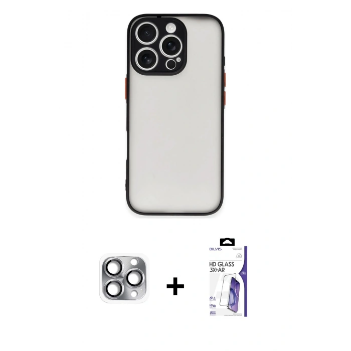 MARSİLYAN™- iPhone 16 Pro Max Kılıf Ahenk Çizgi Serisi - Siyah Bilvis 3X AR HD Cam Ekran Koruyucu + Pers Alüminyum Kamera Lens - GI