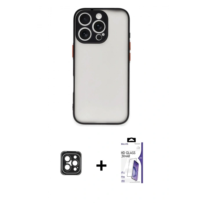 MARSİLYAN™- iPhone 16 Pro Max Kılıf Ahenk Çizgi Serisi - Siyah Bilvis 3X AR HD Cam Ekran Koruyucu + PVD Metal Kamera Lens - SH