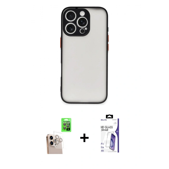 MARSİLYAN™- iPhone 16 Pro Max Kılıf Ahenk Çizgi Serisi - Siyah Bilvis 3X AR HD Cam Ekran Koruyucu + Raze Metal Kamera Lens - NLGY