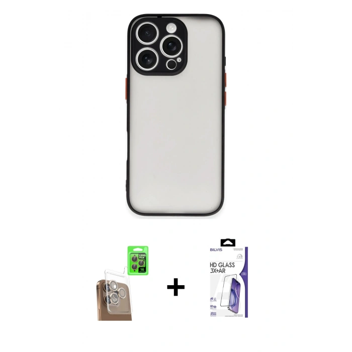 MARSİLYAN™- iPhone 16 Pro Max Kılıf Ahenk Çizgi Serisi - Siyah Bilvis 3X AR HD Cam Ekran Koruyucu + Raze Metal Kamera Lens - CLTM