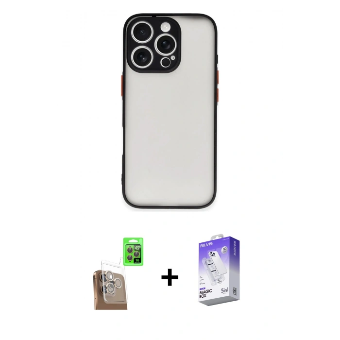 MARSİLYAN™- iPhone 16 Pro Max Kılıf Ahenk Çizgi Serisi - Siyah Bilvis 5in1 3D Magic Cam Ekran Koruyucu + Çöl Titanyum Raze Metal Kamera Lens