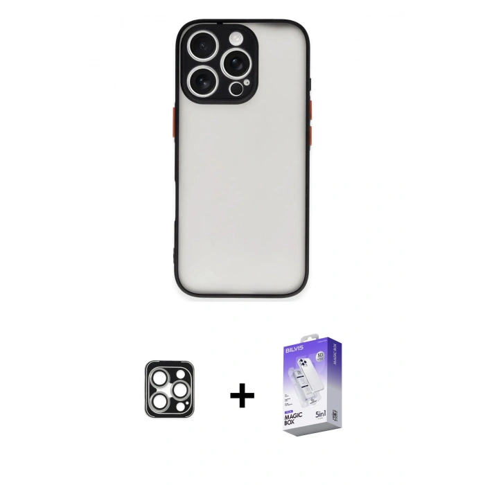 MARSİLYAN™- iPhone 16 Pro Max Kılıf Ahenk Çizgi Serisi - Siyah Bilvis 5in1 3D Magic Cam Ekran Koruyucu + Gümüş PVD Metal Kamera Lens